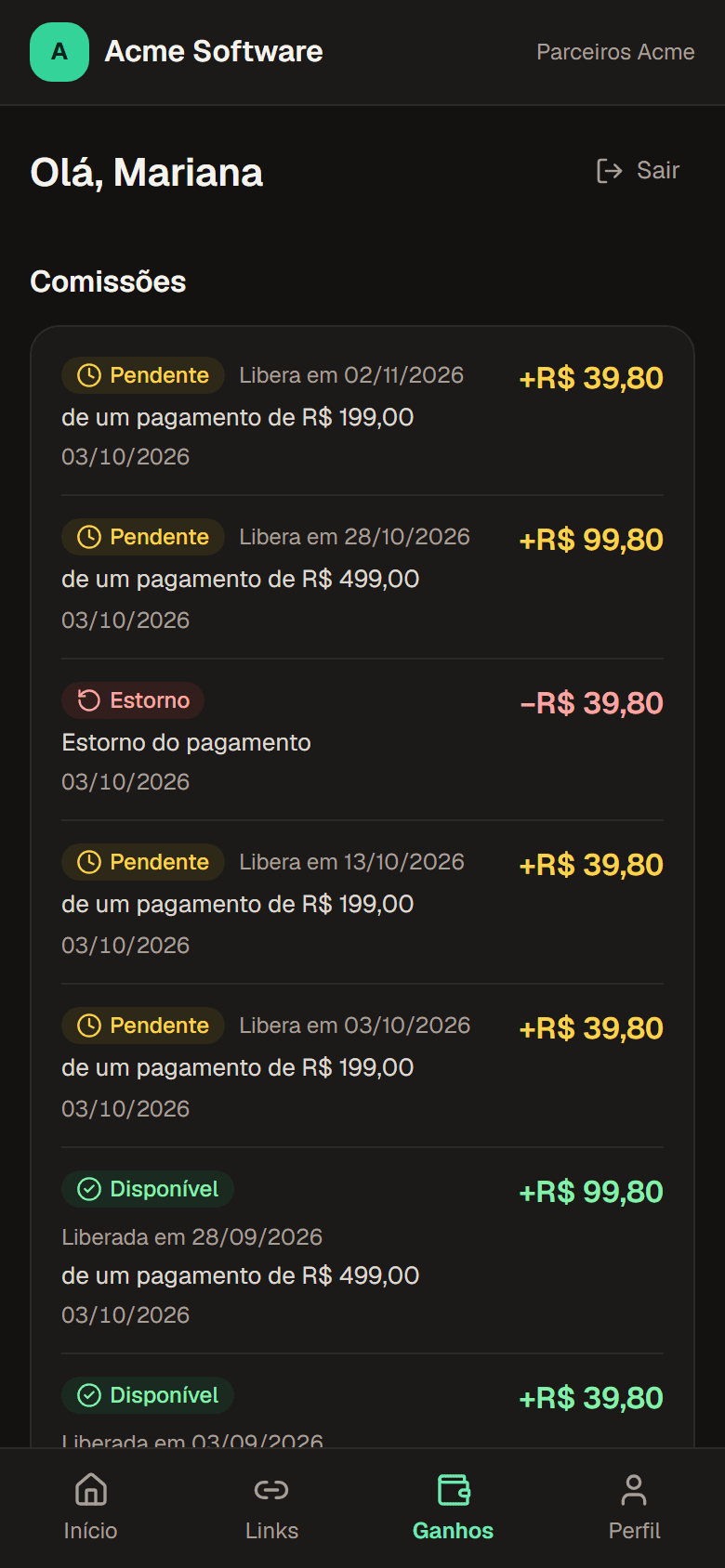 Portal do parceiro no celular, com as comissões e a data de liberação de cada uma
