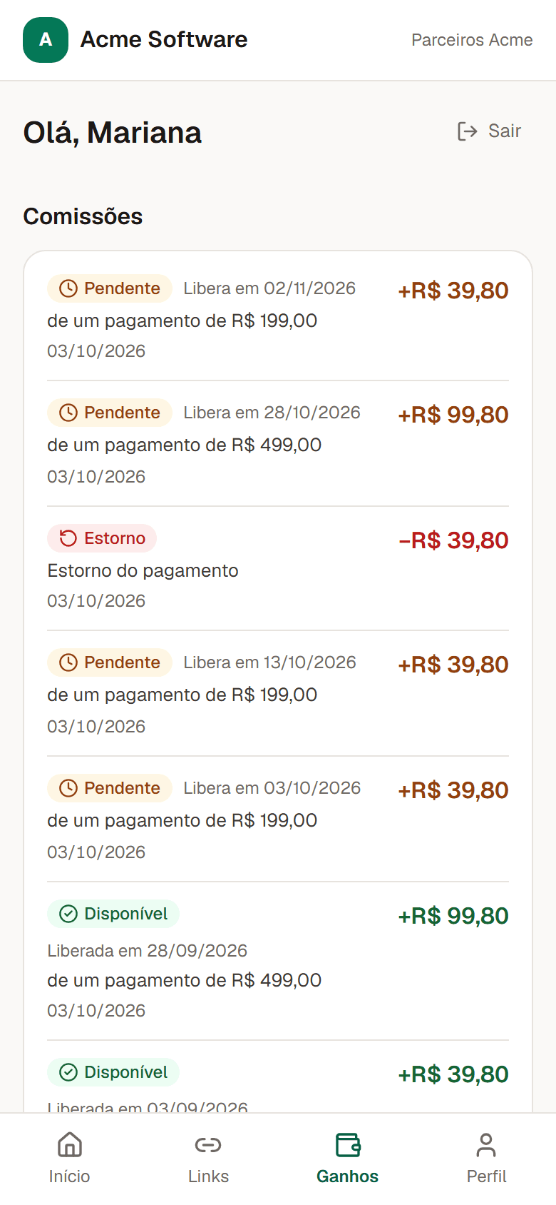 Portal do parceiro no celular, com as comissões e a data de liberação de cada uma