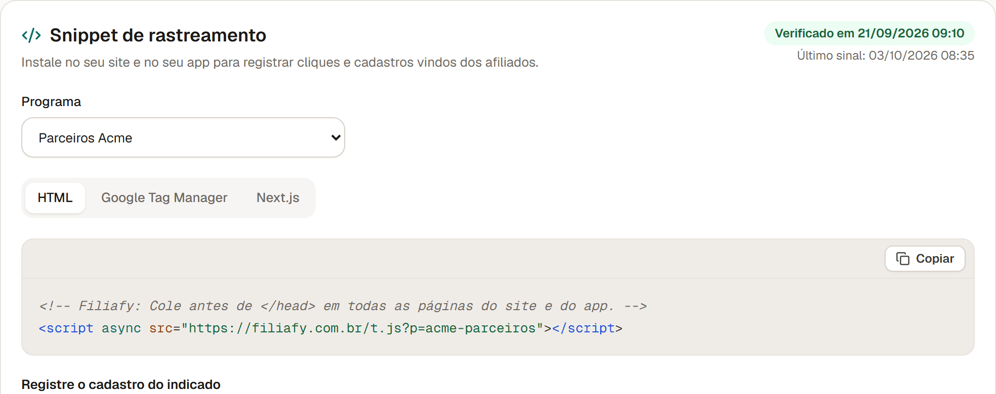 Snippet de rastreamento verificado, com a linha de código para colar no site